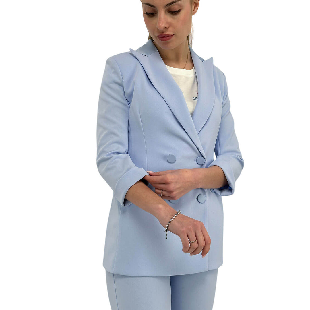 Imperial Women's Double Breasted Jacket, Lapels, Satin, Light Blue