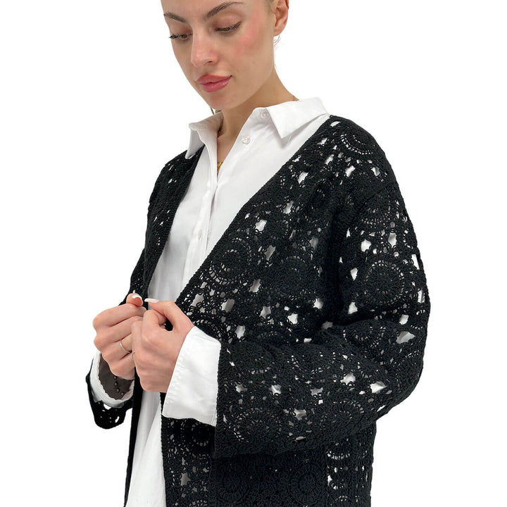 Koralline Women's Sweater, Kimono, Macramé, Cotton, Black