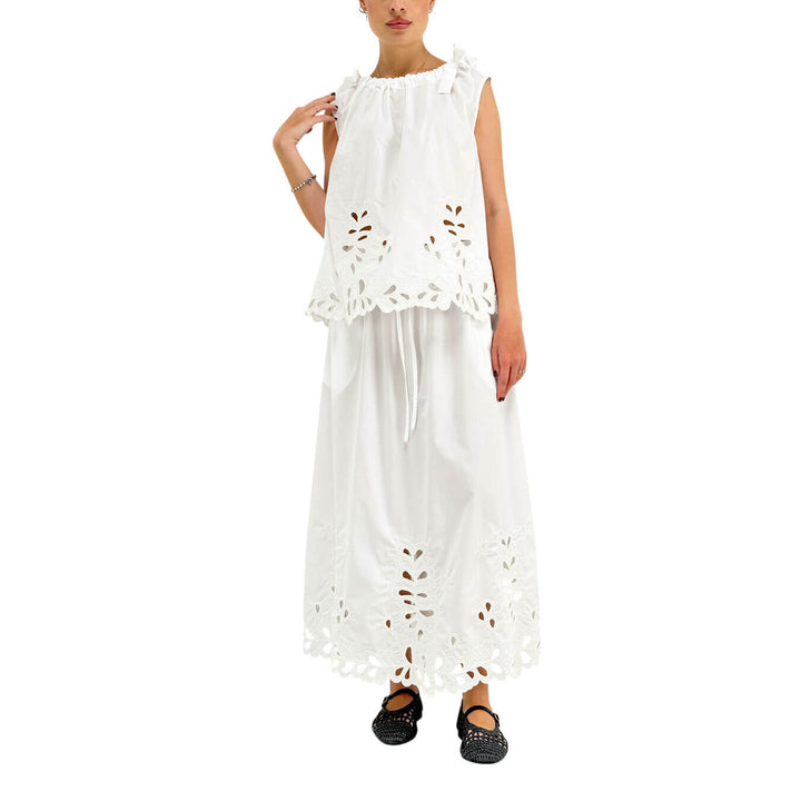 Meimeij Women's Long Skirt with Embroidered Hem, Cotton, White