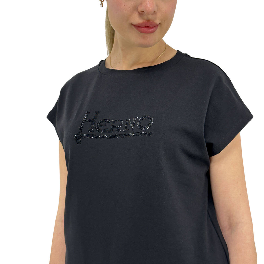 Herno Maglia Donna, T-Shirt con Logo Strass, Cotone, Nero
