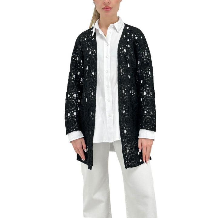 Koralline Women's Sweater, Kimono, Macramé, Cotton, Black