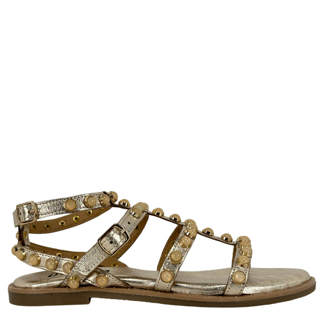Ovyé Women's Shoes, Studded Sandal, Laminated Leather, Gold