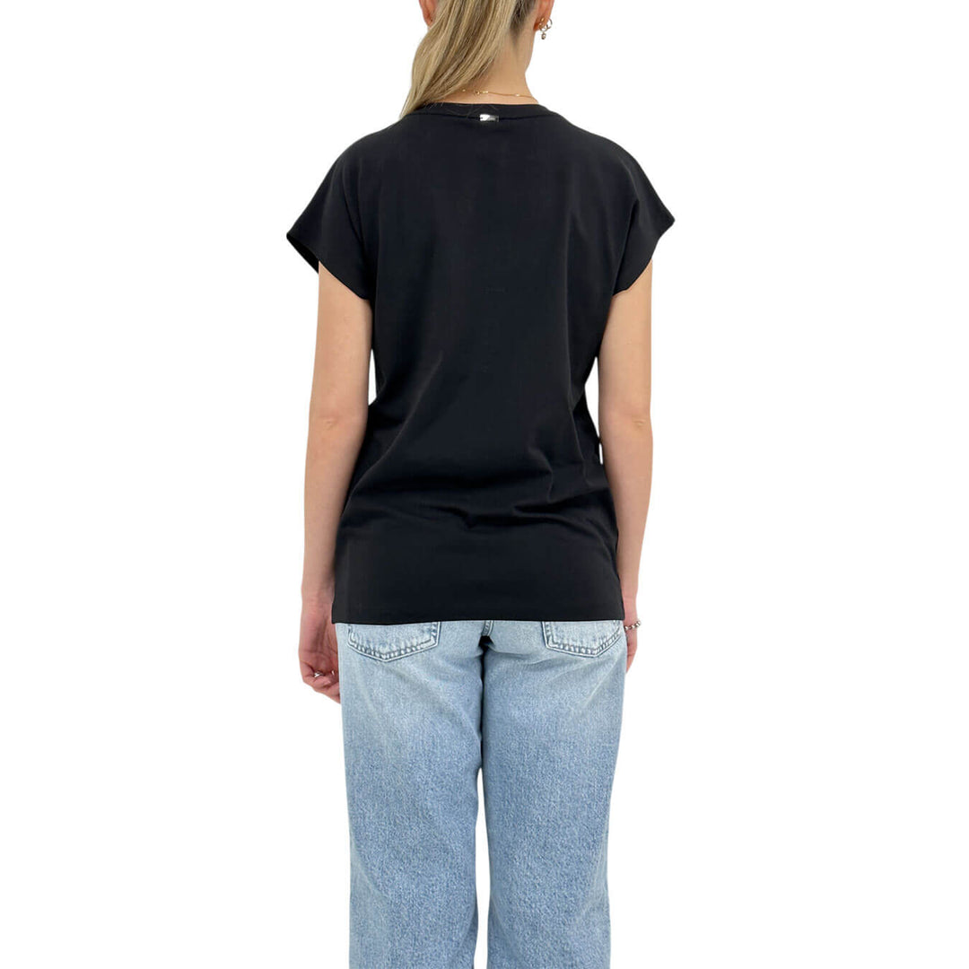 Herno Maglia Donna, T-Shirt con Logo Strass, Cotone, Nero
