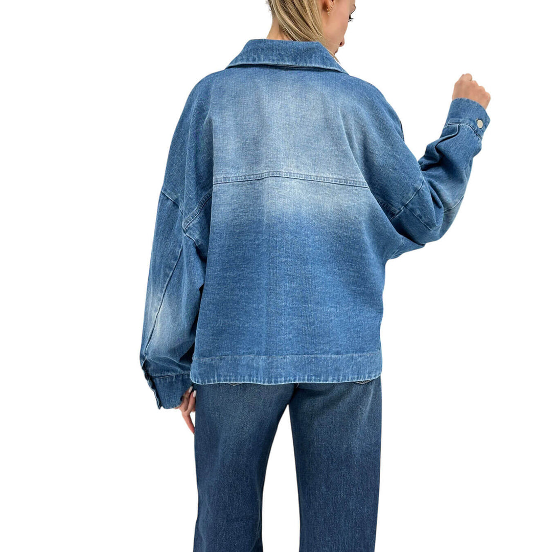 Motel Women's Jacket, Denim, Over, Maxi Pockets, Blue Cotton
