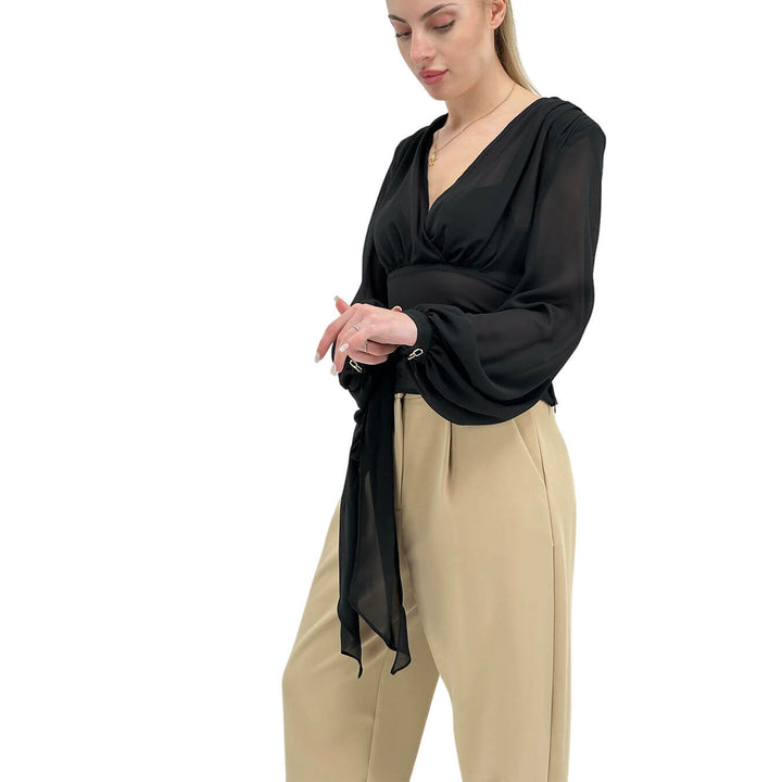 Relish Women's Blouse, V-Neck, Bow, Side, Black