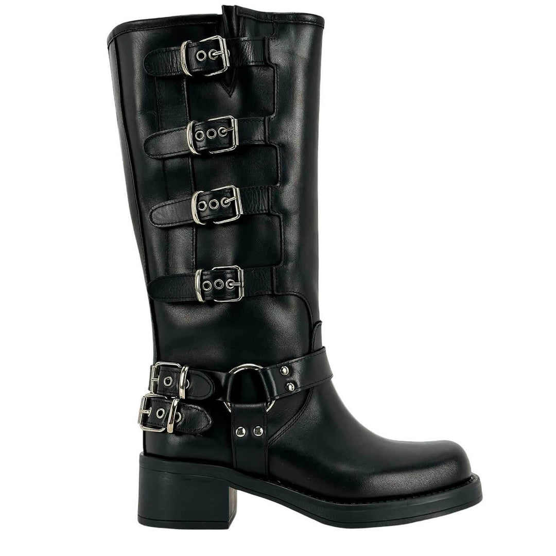 Ovyé Women's Shoes, High Boot, Biker, Side Buckles, Leather, Black