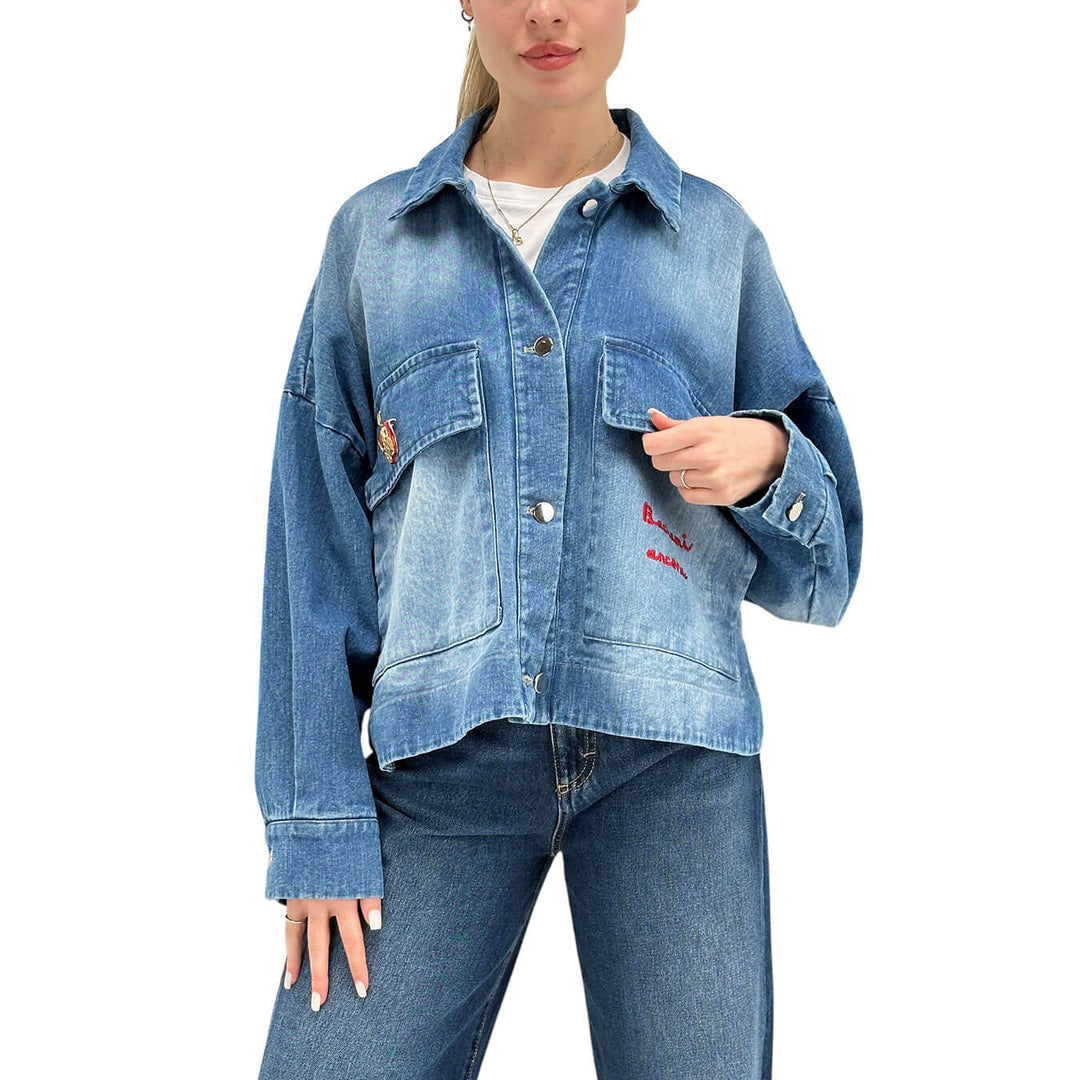 Motel Women's Jacket, Denim, Over, Maxi Pockets, Blue Cotton