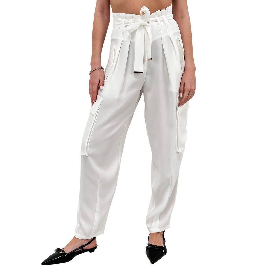 Koralline Pantaloni Donna, Cargo, Fiocco in Vita, Tasche, Bianco