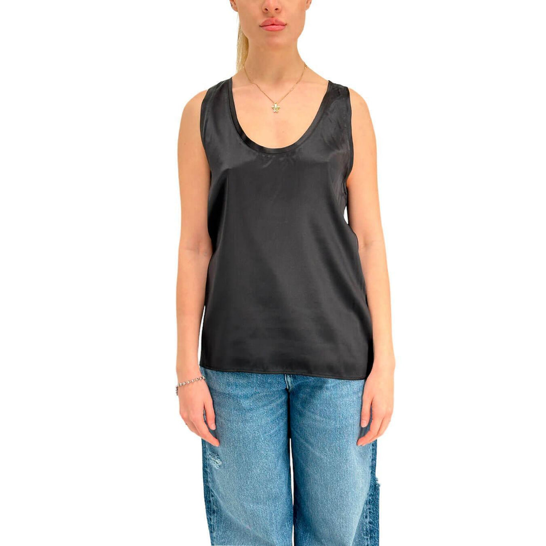 Solotre Maglietta Donna, Canotta Scollata, Seta, Nero, bassiniboutique.it