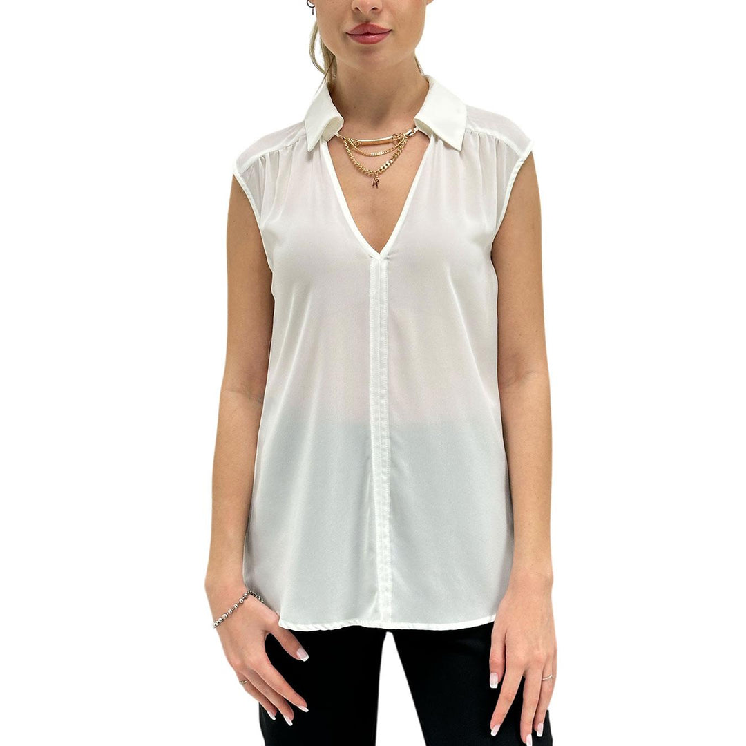 Relish Women's Blouse, Sleeveless, V-Neck, Collar, White
