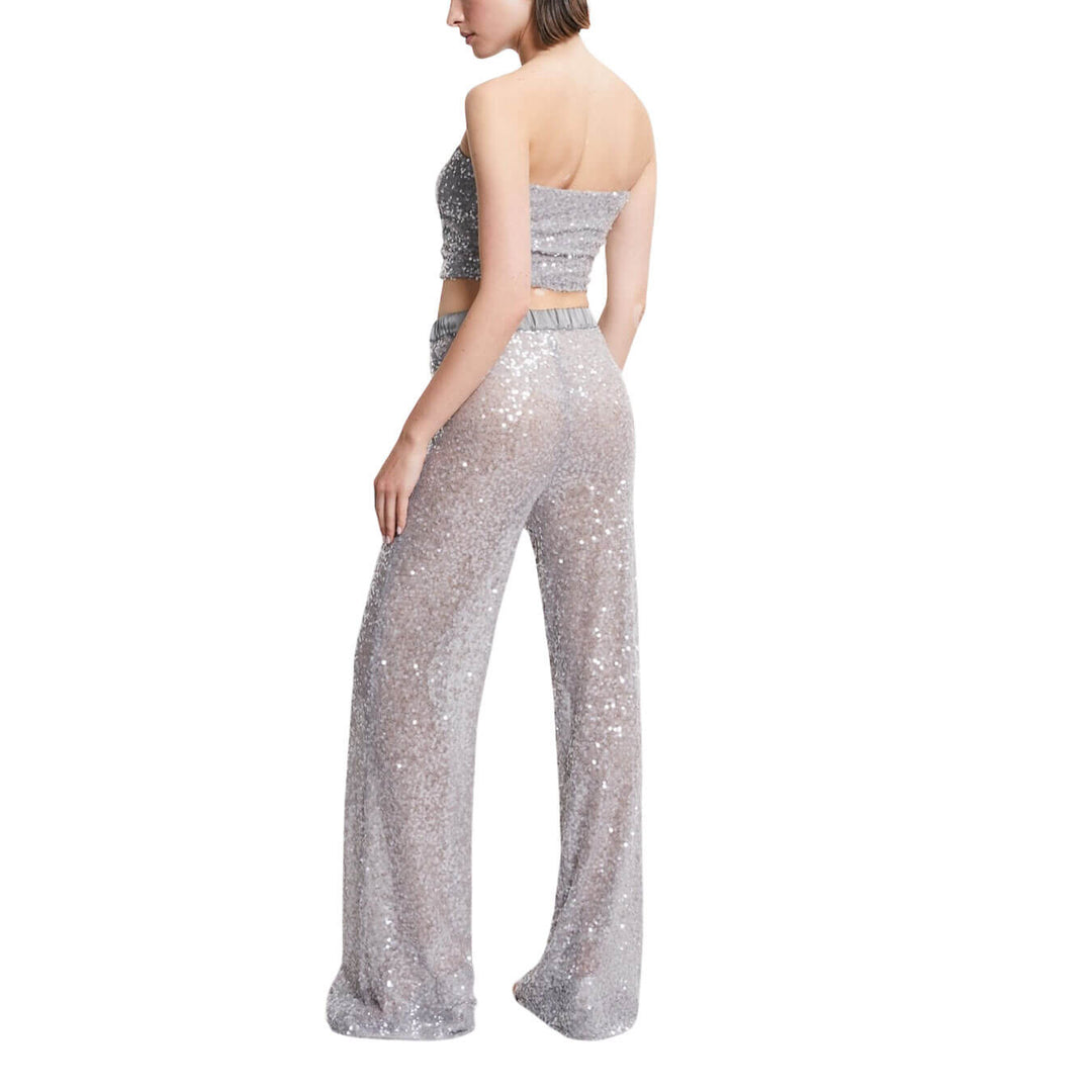 Ottod'Ame Women's Pants, Palazzo, Sequins, Mixed Fabric, Grey