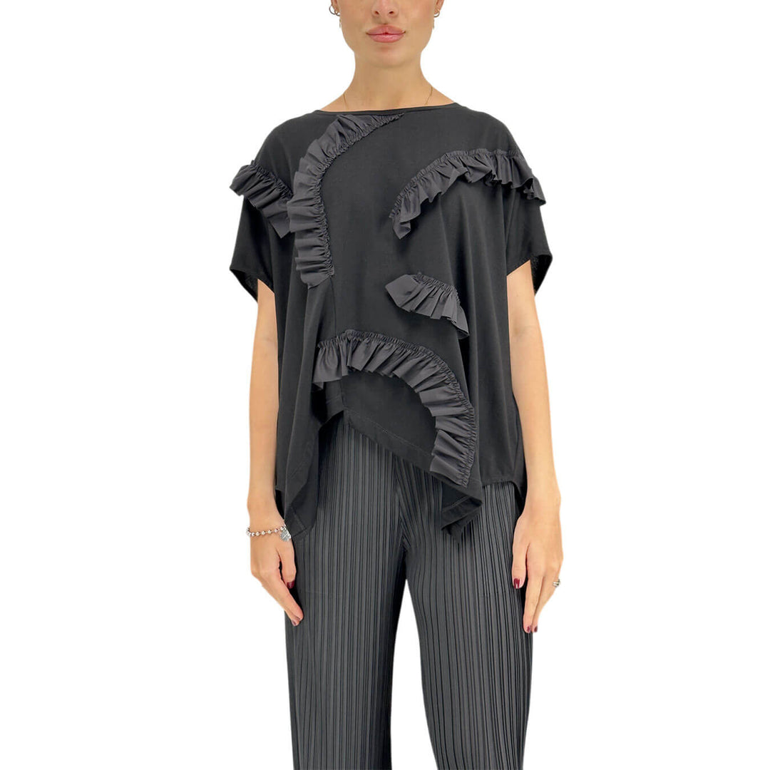 Meimeij Women's T-Shirt, Crew Neck, Appliques, Cotton, Black