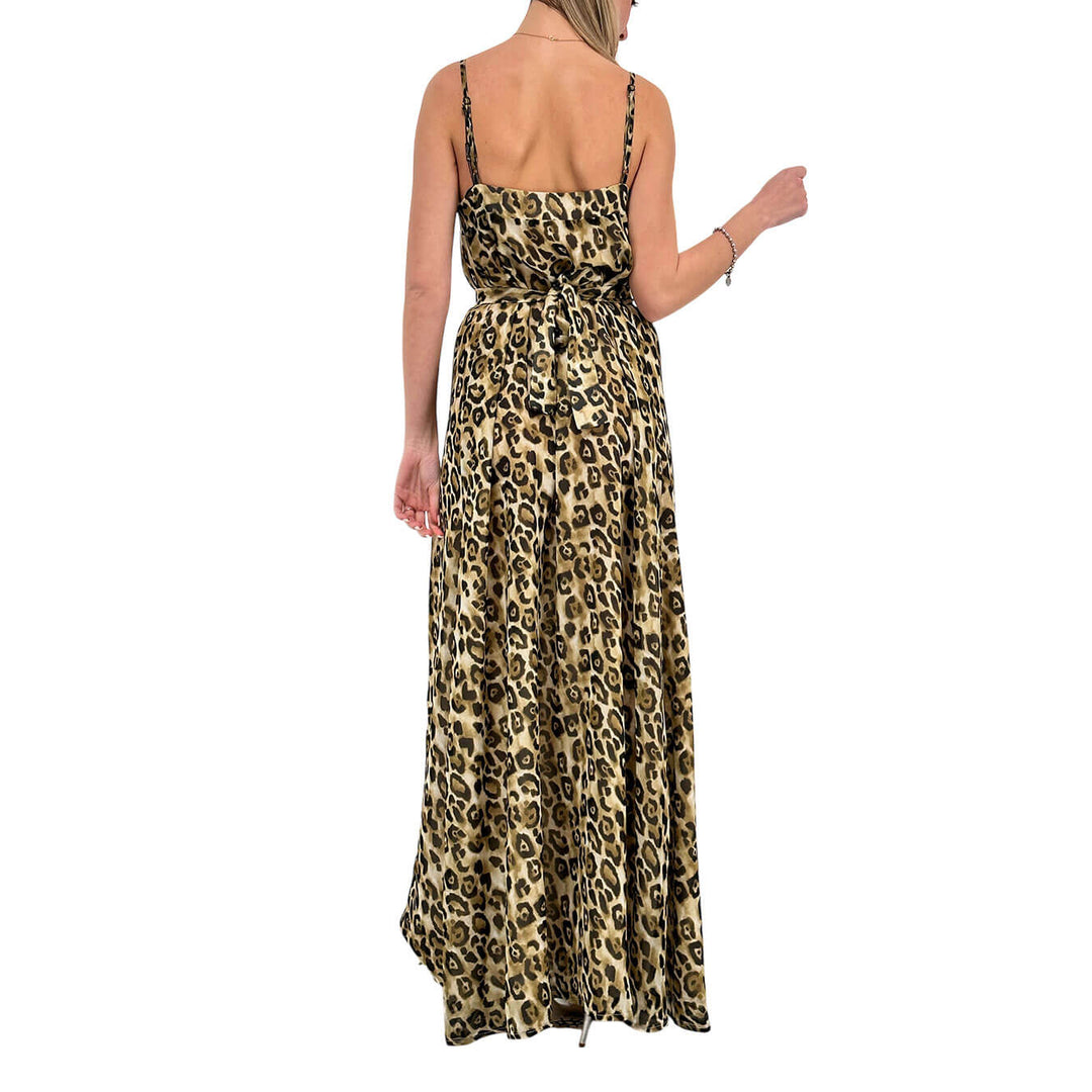 Koralline Women's Dress, Long, Side Slit, Animal Print, Beige