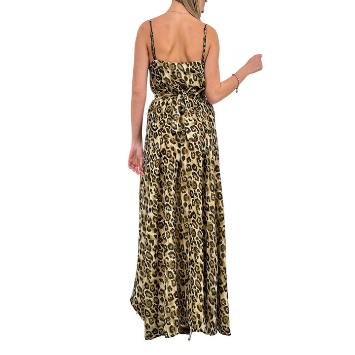 Koralline Women's Dress, Long, Side Slit, Animal Print, Beige