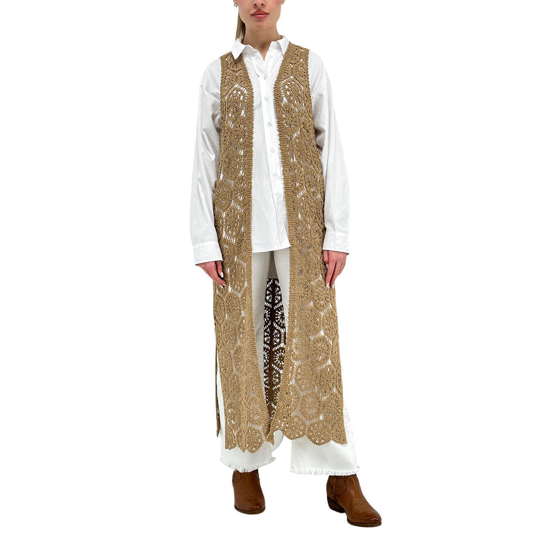 Koralline Women's Vest, Open, Long, Crochet, Cotton, Beige