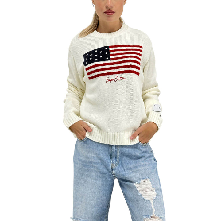 Superculture, Sweater, Women, American Flag, Mixed, Ivory