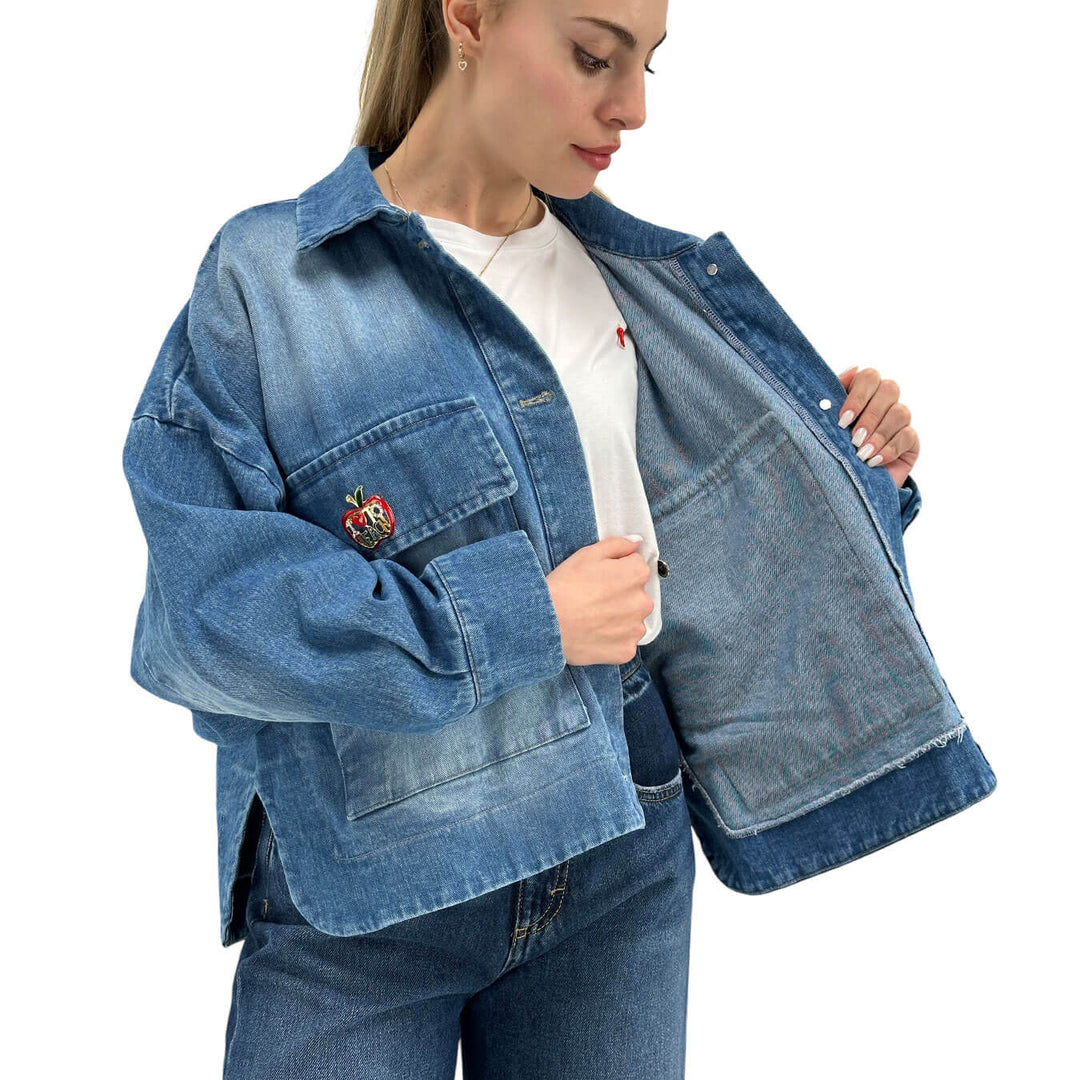 Motel Women's Jacket, Denim, Over, Maxi Pockets, Blue Cotton