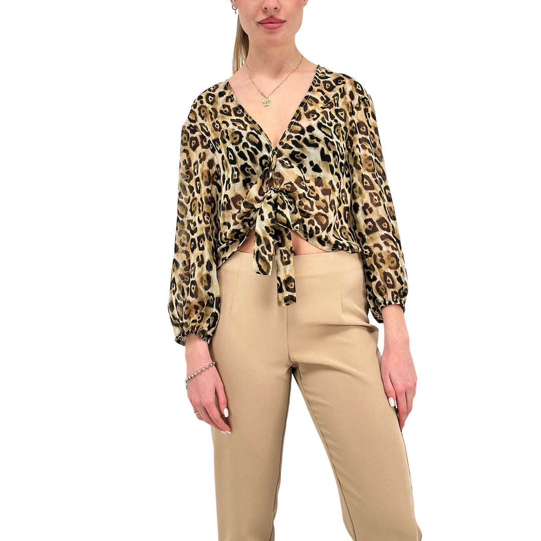 Koralline Women's Blouse, Knotted, Animal Print, Beige