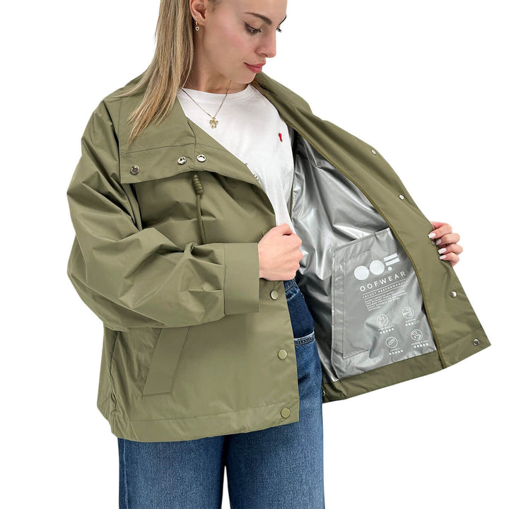 Oof Wear Women's Short Jacket, Water Repellent, Drawstring, Green