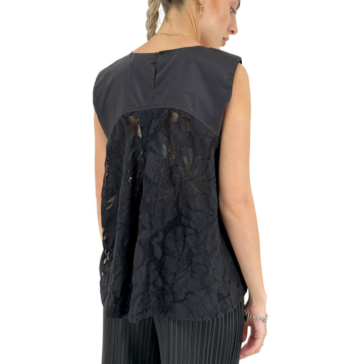 Meimeij Women's Sleeveless Top with Lace Inserts, Cotton, Black