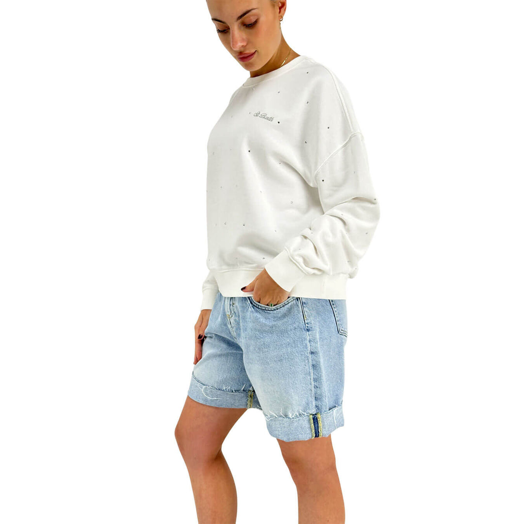 Mc2 Saint Barth Maglia Donna, Felpa Casey, Strass, Cotone, Bianco