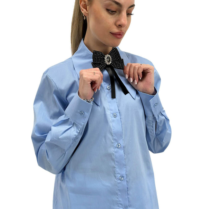 Kontatto Women's Shirt, Maxi Collar, Decorative Bow, Light Blue