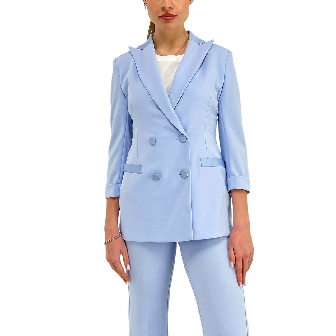 Imperial Women's Double Breasted Jacket, Lapels, Satin, Light Blue