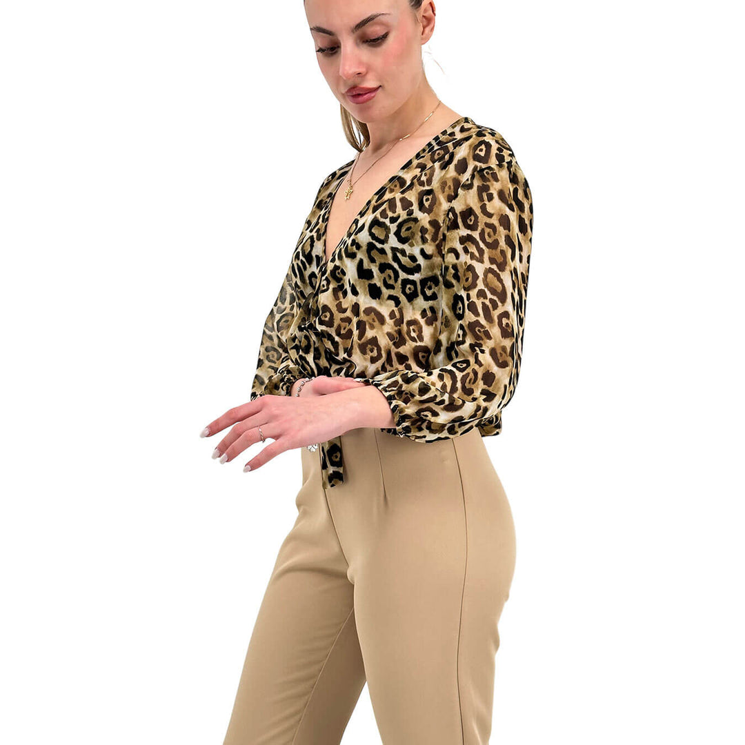 Koralline Women's Blouse, Knotted, Animal Print, Beige