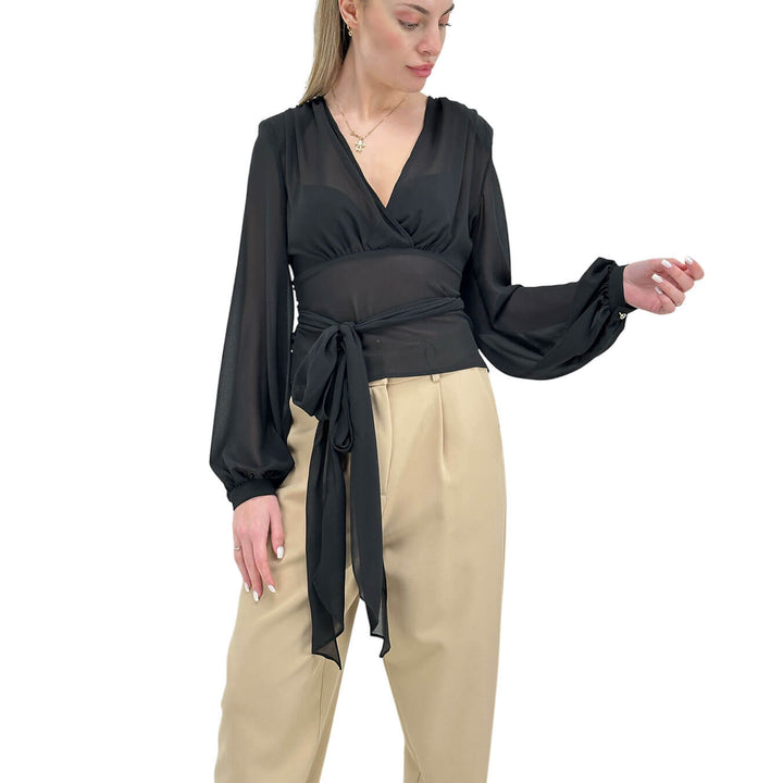 Relish Women's Blouse, V-Neck, Bow, Side, Black