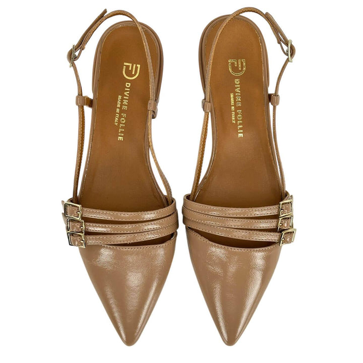 Divine Follie Women's Slingback Sandals, Buckles, Heel, Patent, Beige