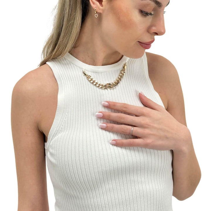 Relish Reina Women's Jersey, Ribbed Tank Top, Logo Chain, White