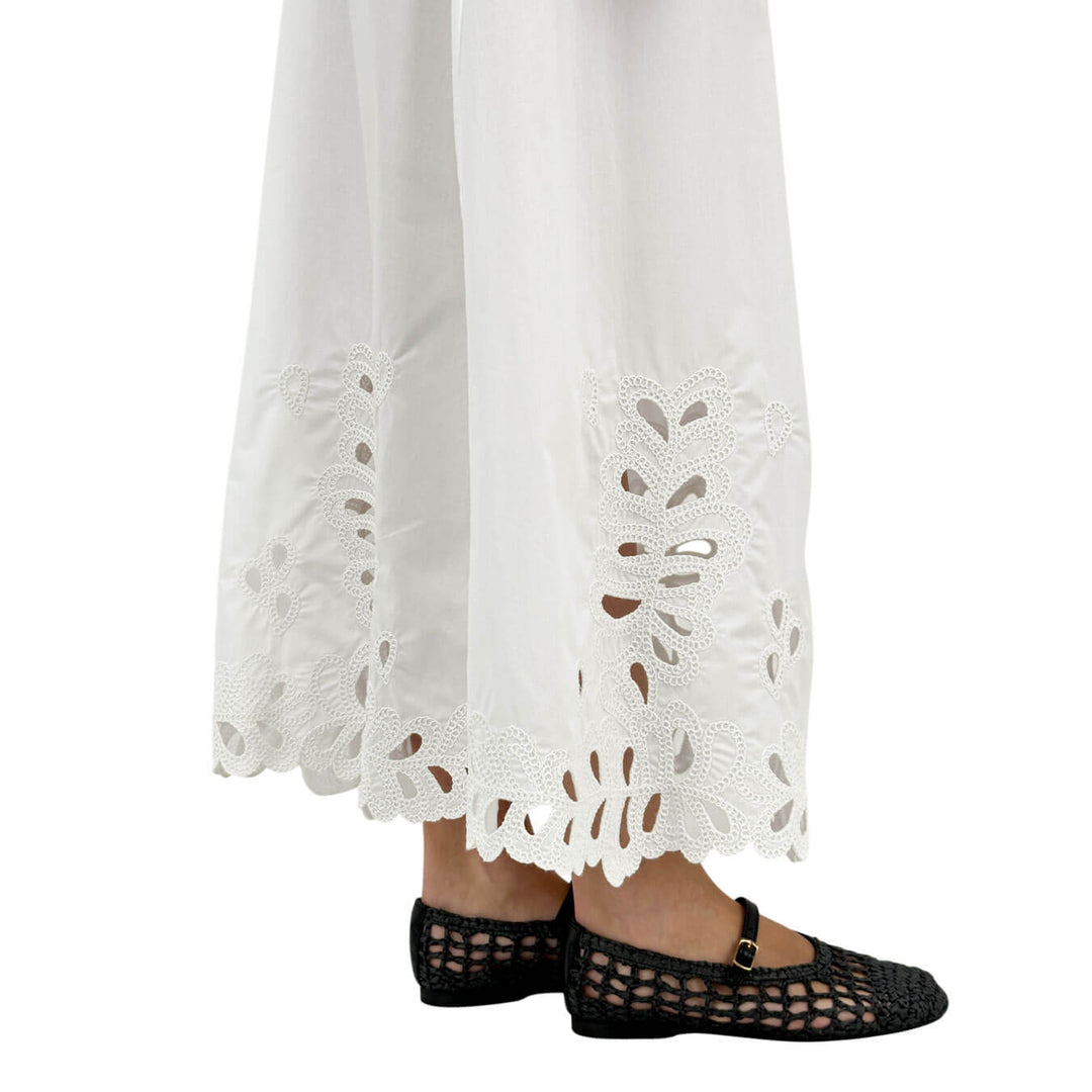 Meimeij Women's Long Skirt with Embroidered Hem, Cotton, White