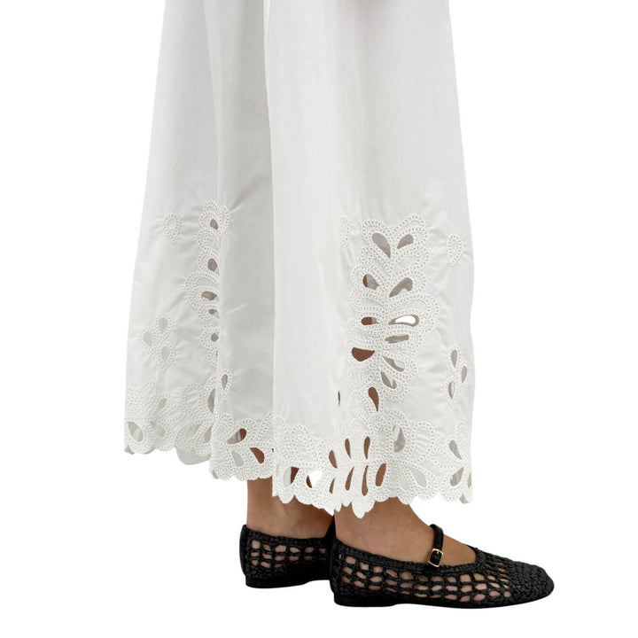 Meimeij Women's Long Skirt with Embroidered Hem, Cotton, White