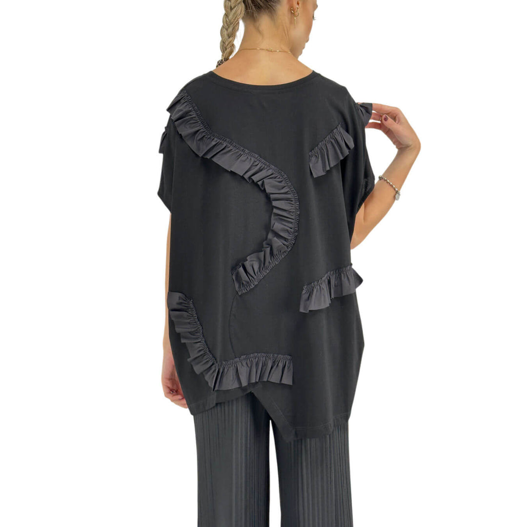 Meimeij Women's T-Shirt, Crew Neck, Appliques, Cotton, Black
