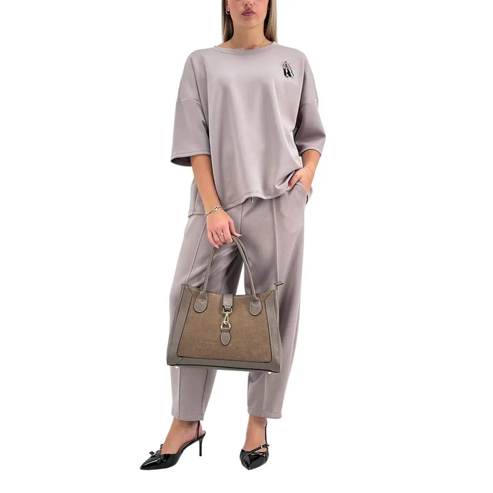 Bassini Pantaloni Donna Grigio Perla in Felpa a Sigaretta Over con Coulisse e Tasche Laterali