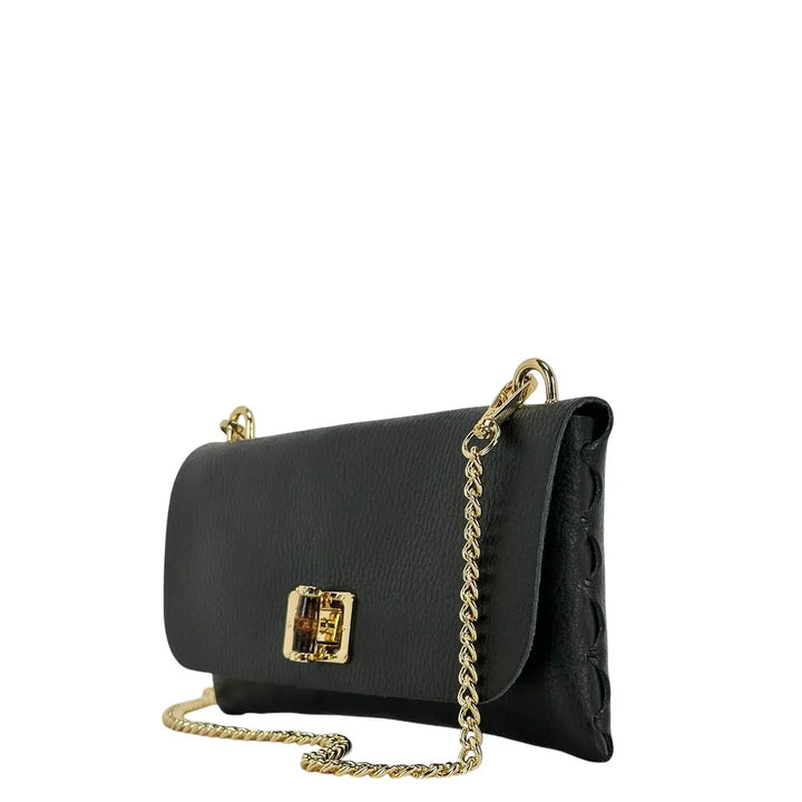 Bassini Borsa Donna Piccola in Pelle Nera con Tracolla Catena Oro e Chiusura Girello Bambù