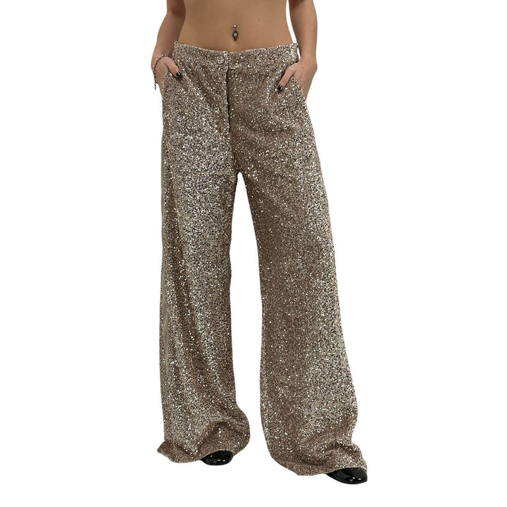 Motel Pantaloni Donna, Full Paillettes e Lurex, Fondo Largo, Beige