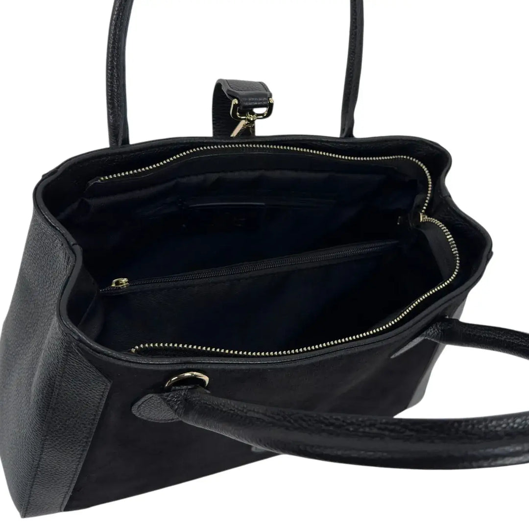 Bassini Borsa Donna in Pelle Scamosciata e Dollaro Nero con Doppi Manici e Tracolla Rimovibile