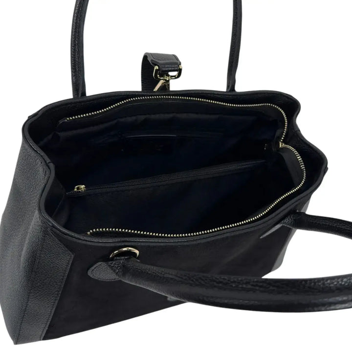 Bassini Borsa Donna in Pelle Scamosciata e Dollaro Nero con Doppi Manici e Tracolla Rimovibile