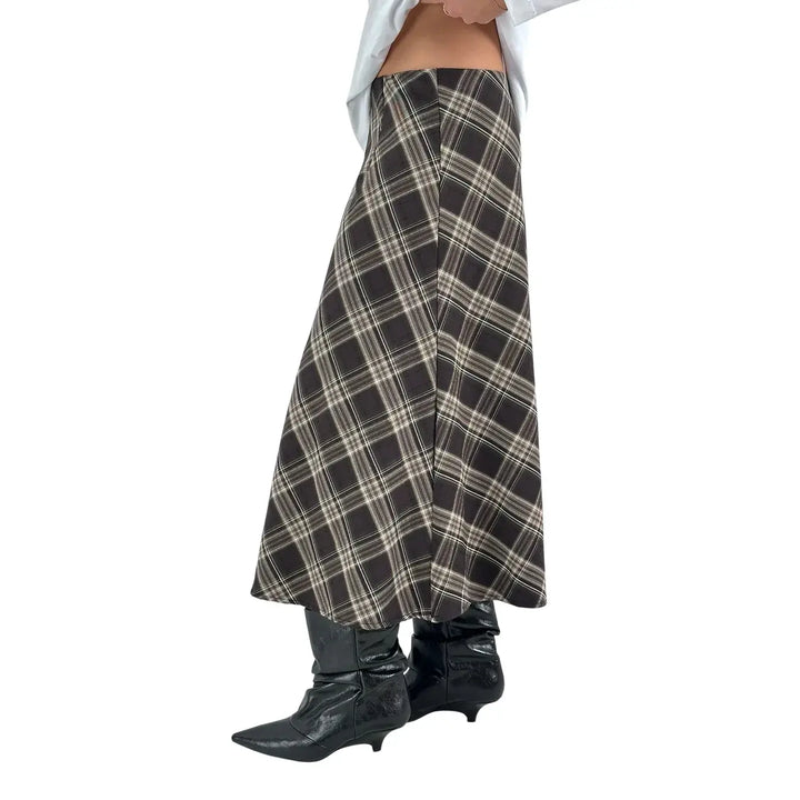 Bassini Gonna Donna Nero e Marrone a Ruota in Tessuto Tartan