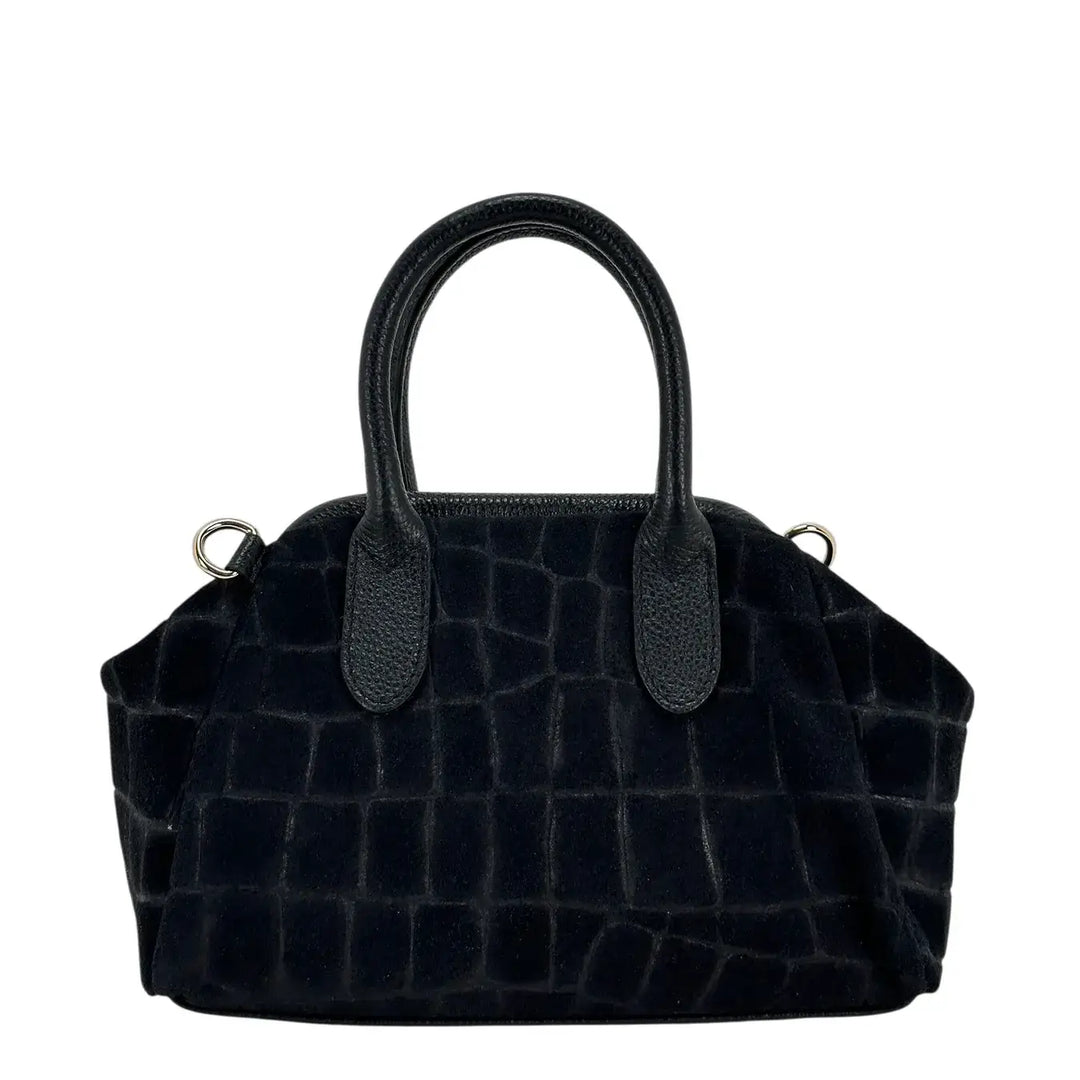Bassini Borsa Donna Bauletto in Pelle Scamosciata Stampa Cocco Nero con Tracolla Rimovibile