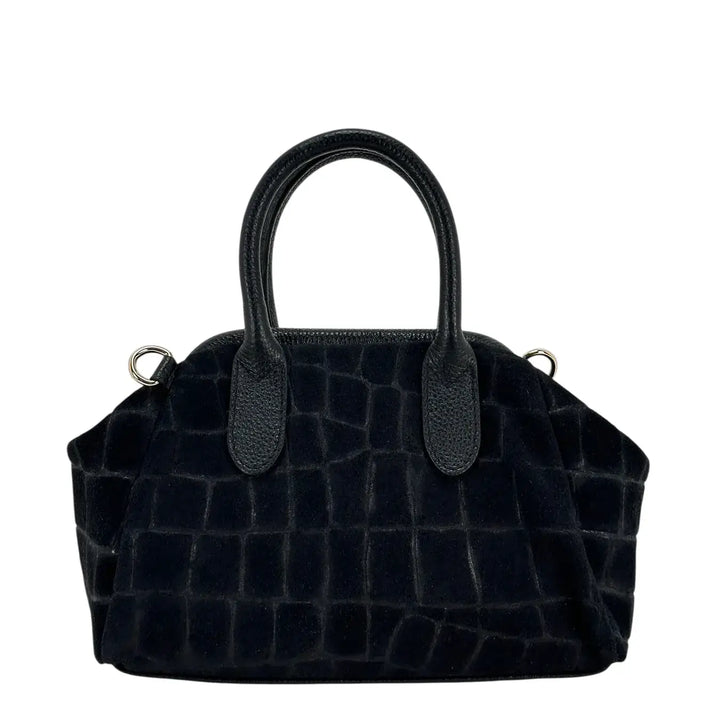 Bassini Borsa Donna Bauletto in Pelle Scamosciata Stampa Cocco Nero con Tracolla Rimovibile