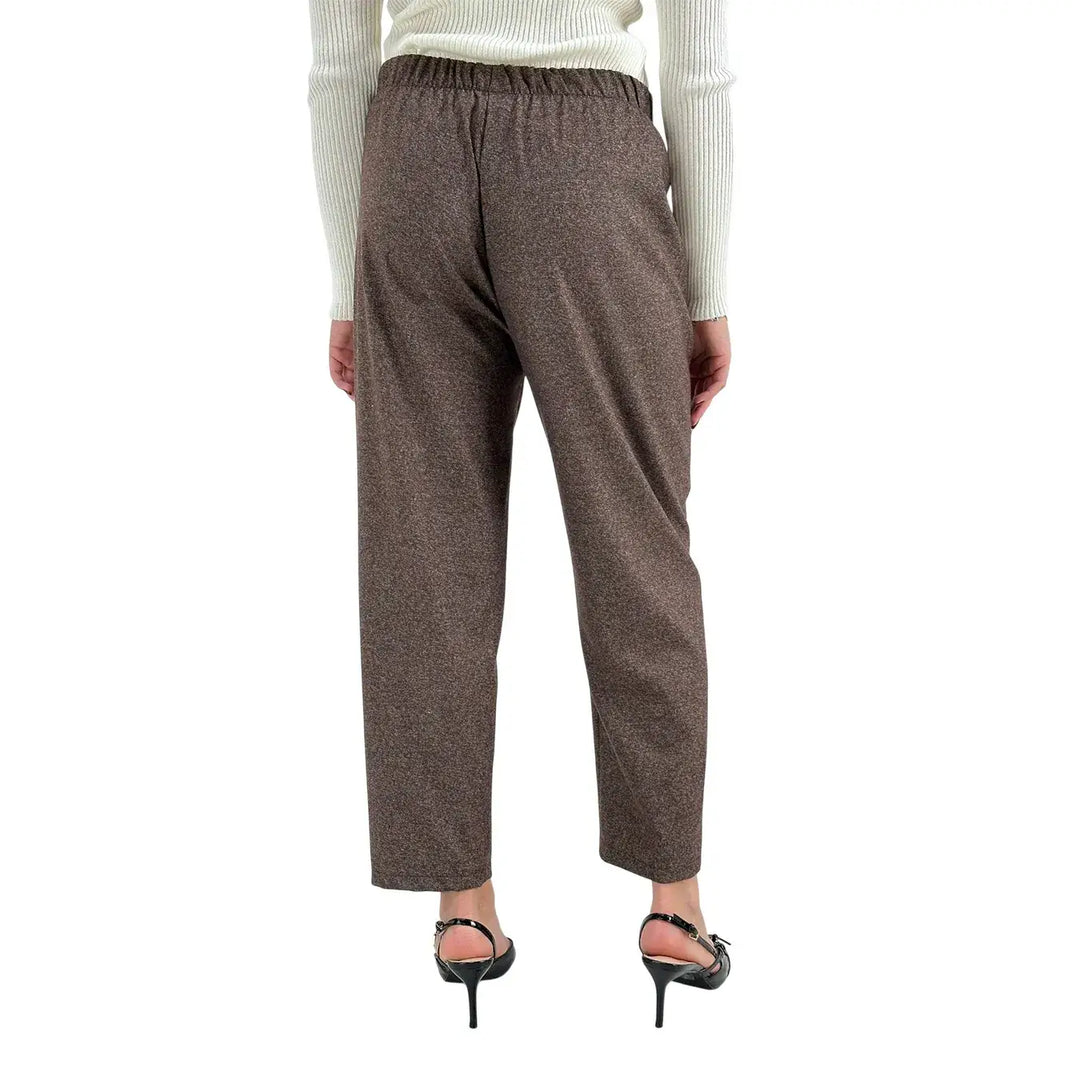 Bassini Pantaloni Donna Marrone Melange Dritti con Elastico in Vita e Tasche Laterali