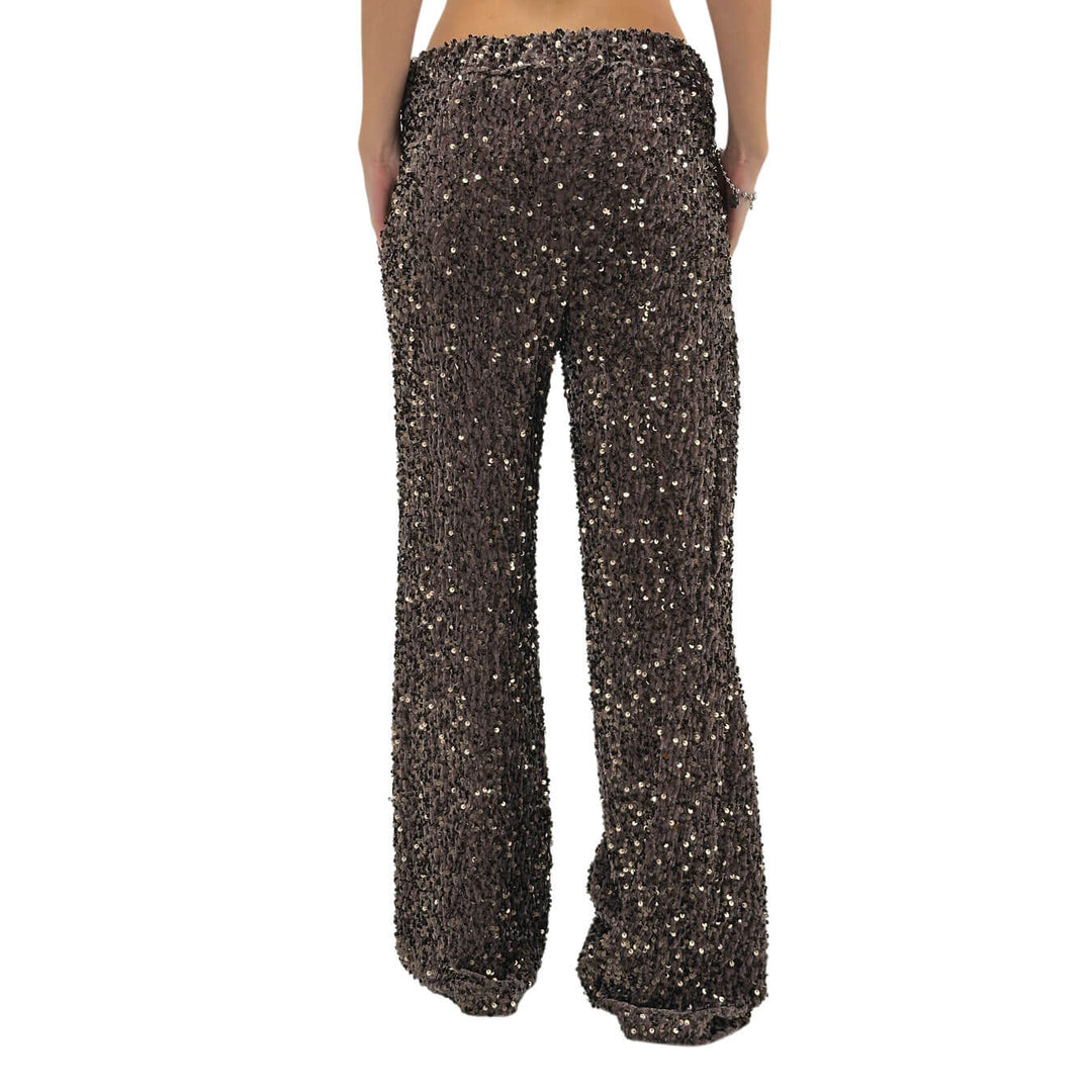 Motel Pantaloni Donna, Full Paillettes e Lurex, Svasato, Marrone