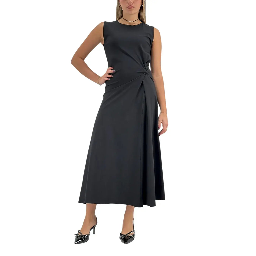 Bassini Abito Donna Nero Lungo Smanicato con Drappeggio Laterale e Scollo Giro