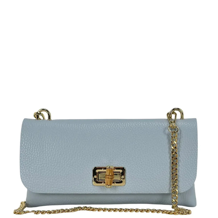 Bassini Borsa Donna Piccola in Pelle Celeste con Tracolla Catena Oro e Chiusura Girello Bambù