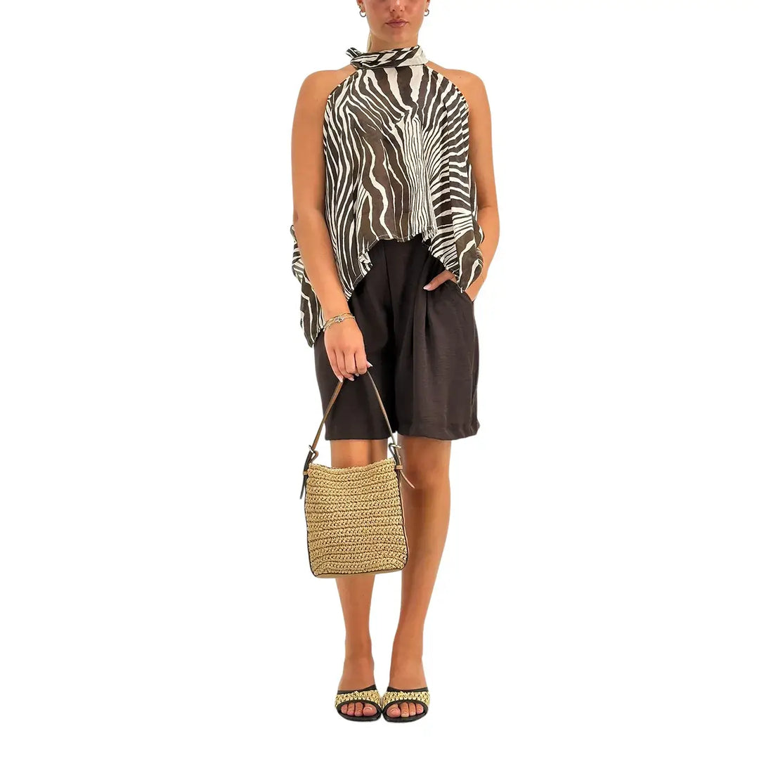 Bassini Top Donna Beige Zebrato Marrone con Nodo sul Collo