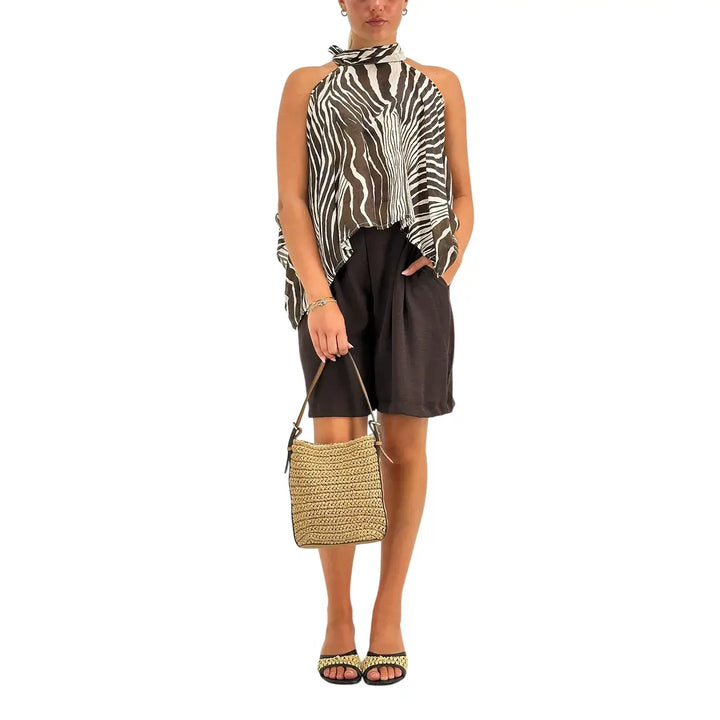 Bassini Top Donna Beige Zebrato Marrone con Nodo sul Collo