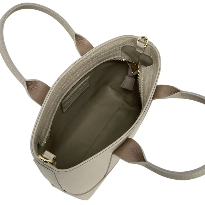 Bassini Borsa Donna Mini in Pelle Avorio con Due Manici e Tracolla Intercambiabile