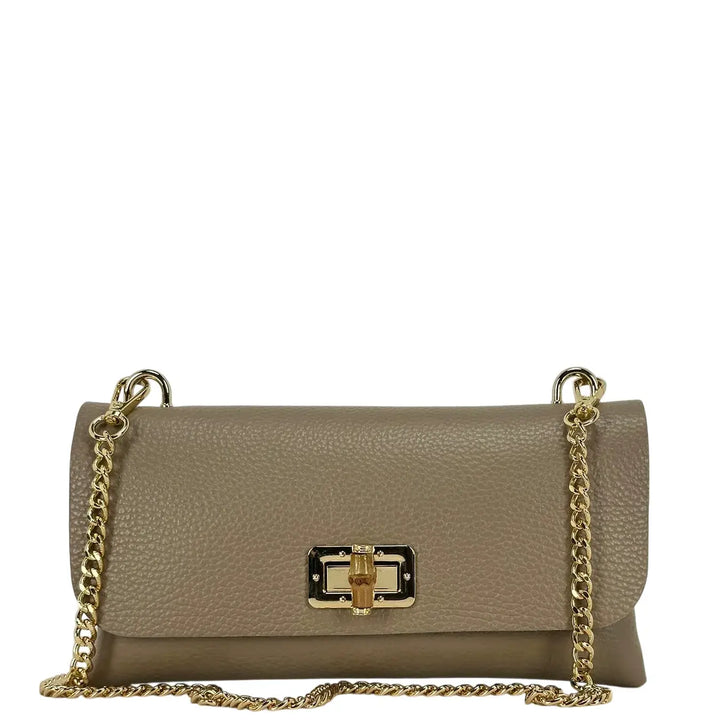 Bassini Borsa Donna Piccola in Pelle Taupe con Tracolla Oro e Chiusura Girello Bambù